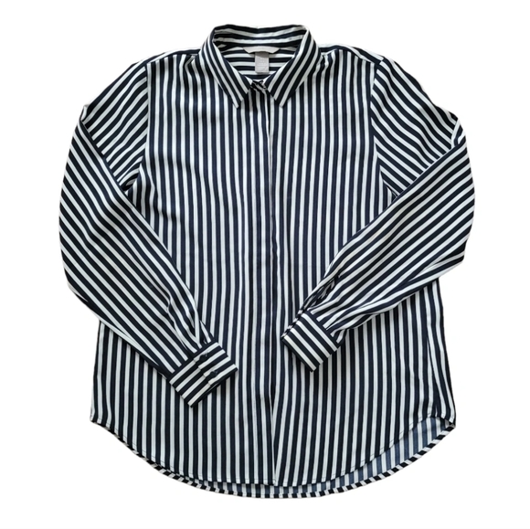 H&M Tops - H&M Women's Navy & White Striped Collared Button Up Size 6 Office Career Work